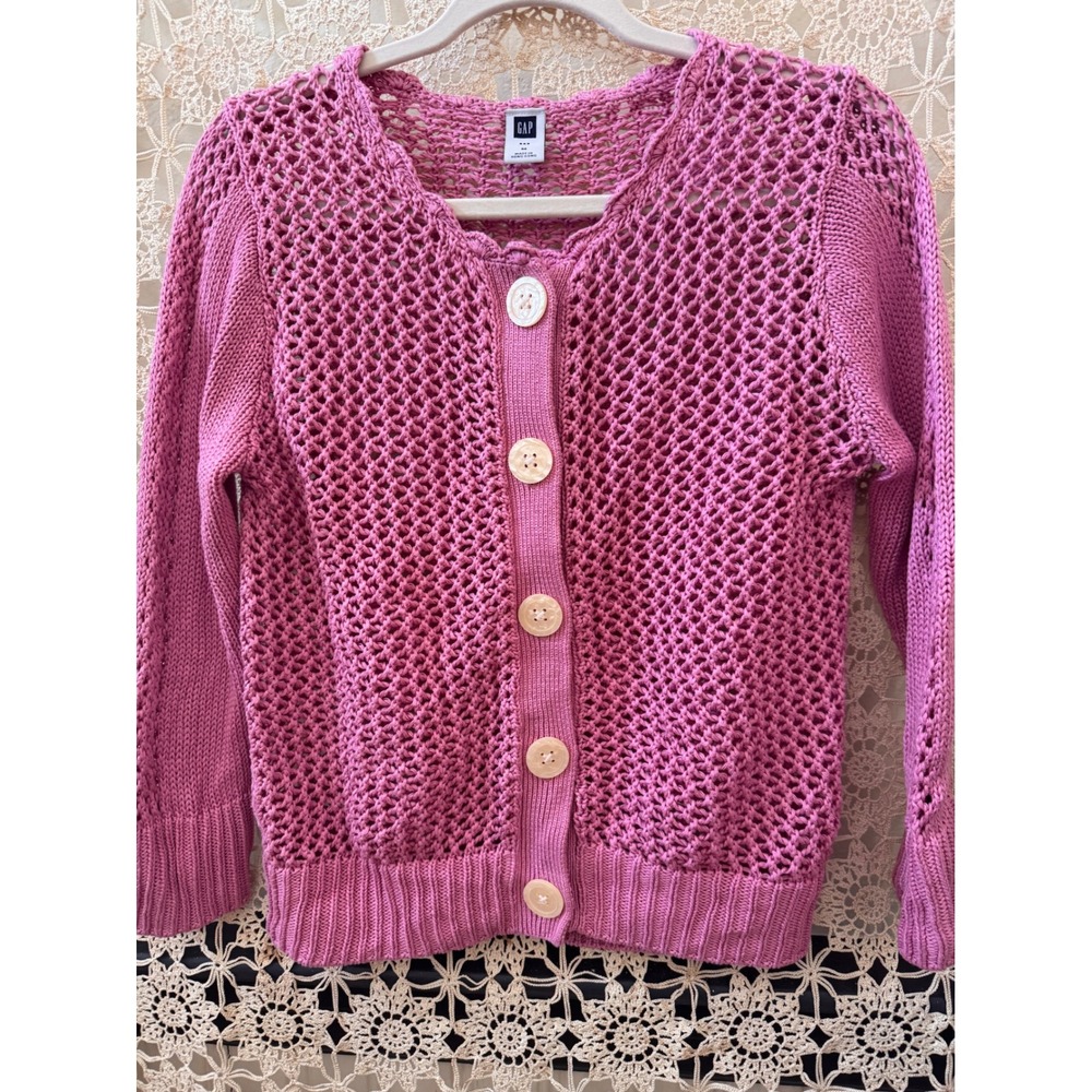 Gap Womens Pink Open Knit Crochet Cotton Cardigan Sweater Button Front‎ Medium